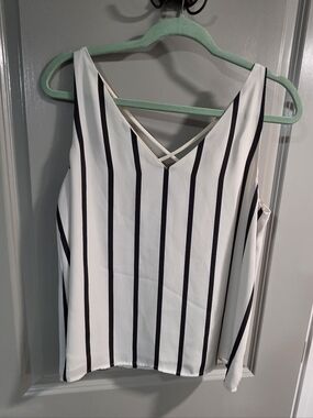 Express White V-Neck Tank with Black Vertical Stripes